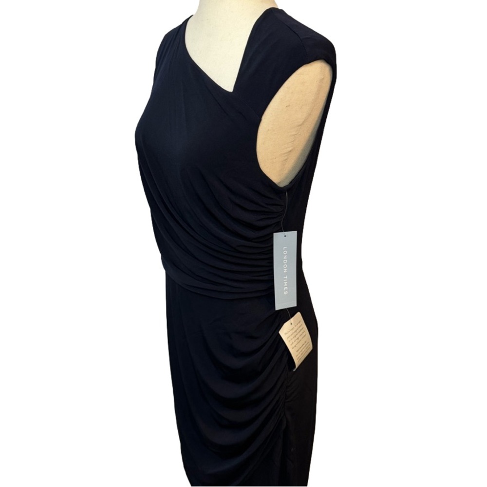 NWT London Times Asymetric Neck Shirred Sheath Dress Navy Blue, Size 10 - Picture 5 of 6